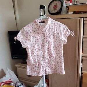 One Step Up Pink Floral Gold Metallic Buttoned Up Blouse Size L 14/16